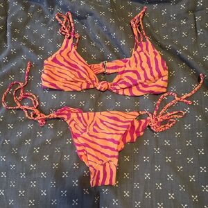 Beach Bunny Pink and Orange Zebra Print Tie-Side Bikini